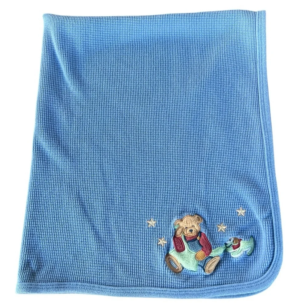 Vintage Blue Jean Teddy Blue Thermal Waffle Knit Baby Blanket Teddy Puppy 26x32